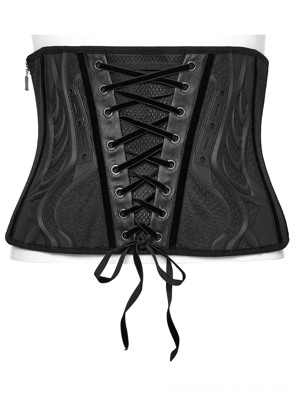 Black underbust corset back flat lay, featuring hanging lace ties, side zipper, and mesh panel construction
