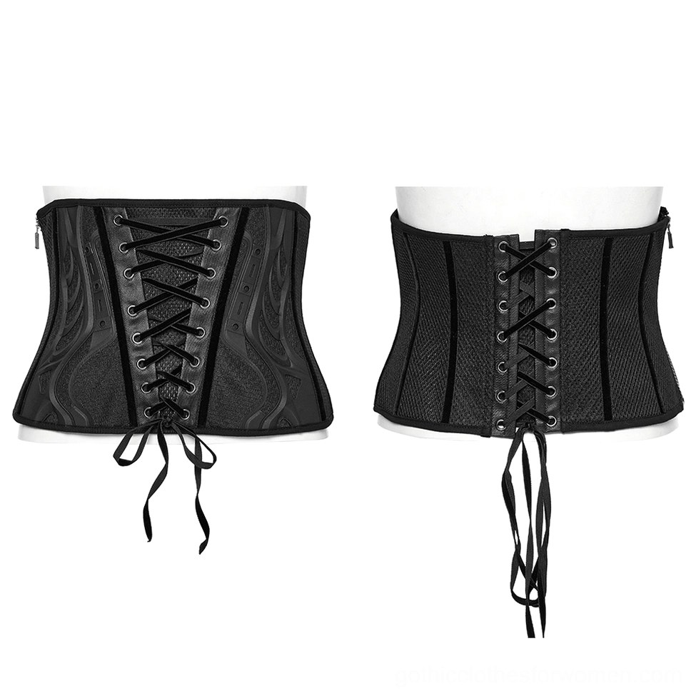 Black underbust corset flat lay front view, displaying velvet lace-up details, metal eyelets, and side zipper closure