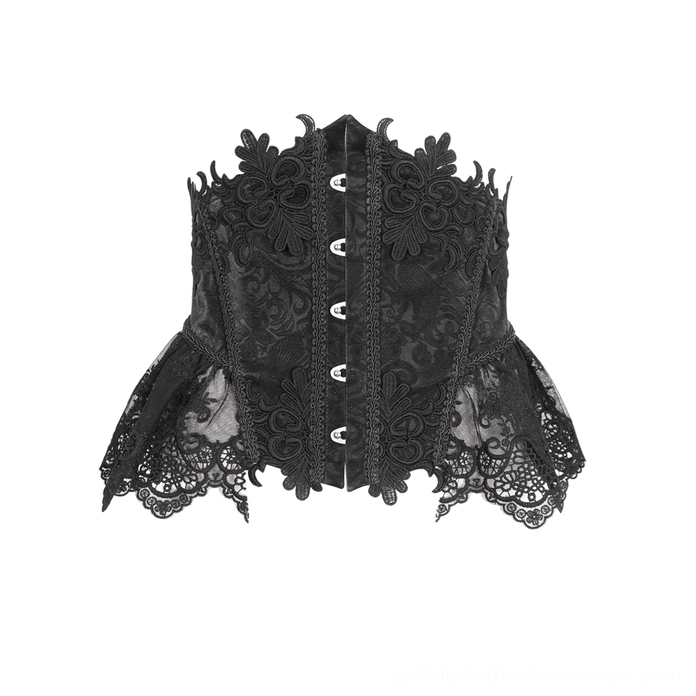 Flat lay front view of black underbust floral lace corset showing metal hook fasteners and scalloped lace trim details