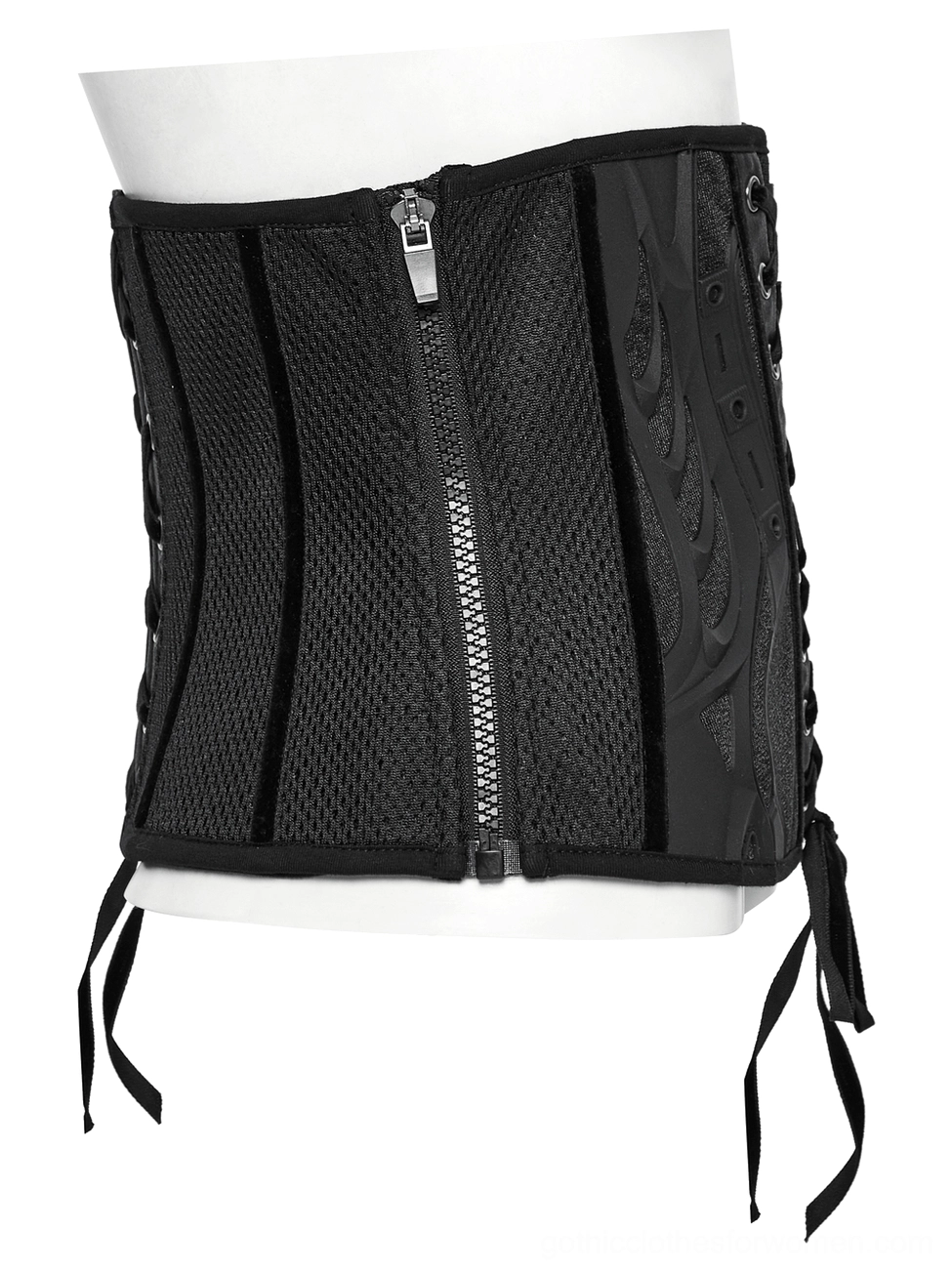 Black underbust corset front flat lay detail, showcasing matte black fabric, velvet trim, front lace-up system