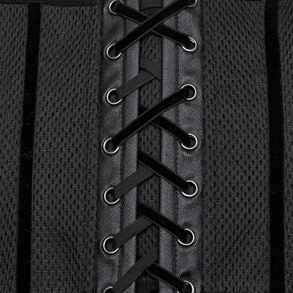 Close-up macro shot of black corset metal eyelets and velvet lace-up components for front closure