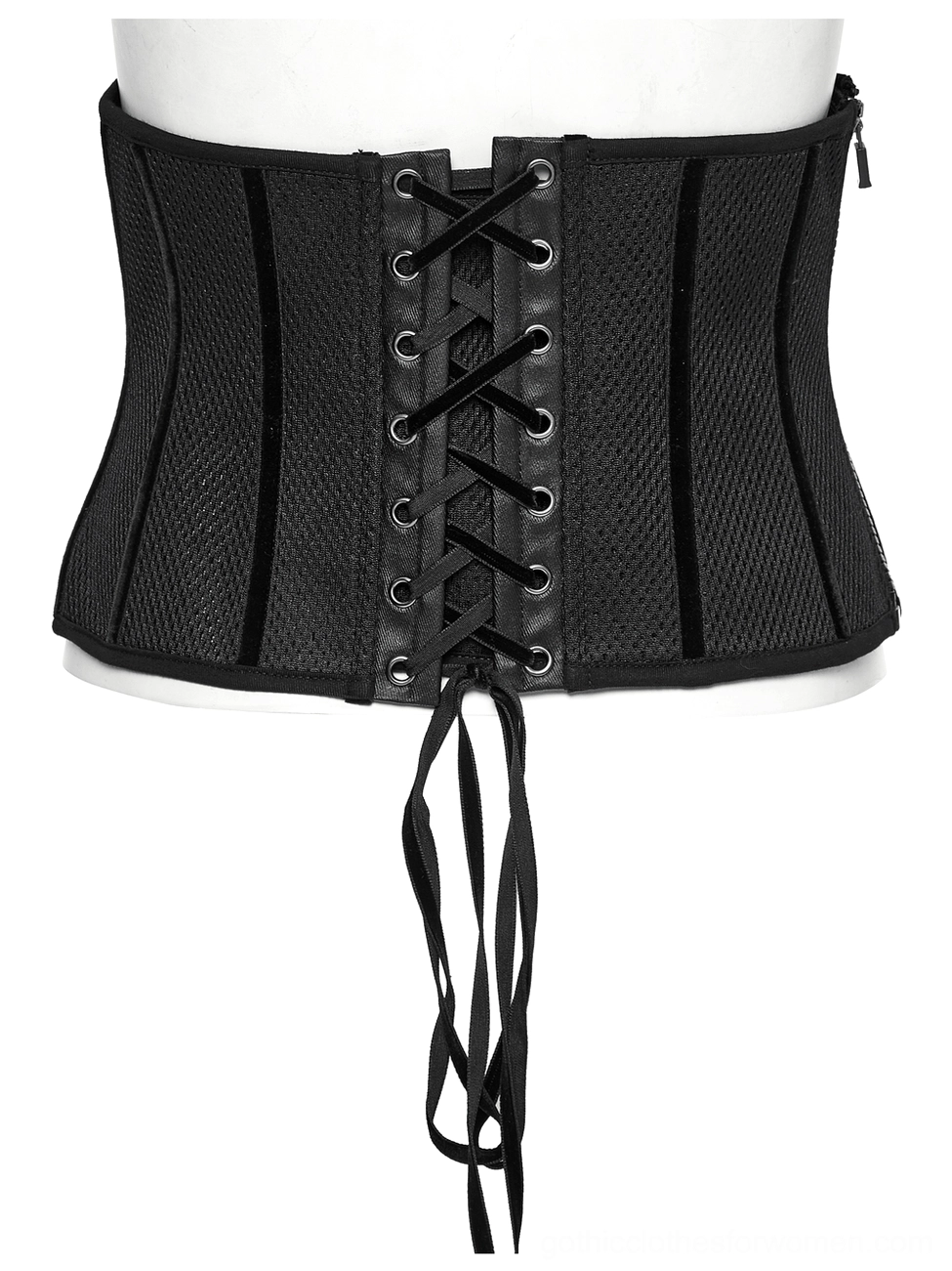Black underbust corset side view, highlighting central metal zipper and breathable mesh side panels