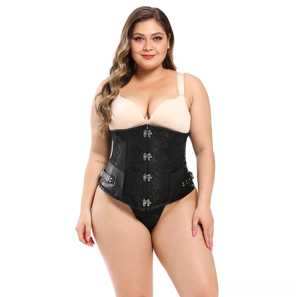 Black underbust corset steampunk design with leather accents - plus-size model relaxed pose
