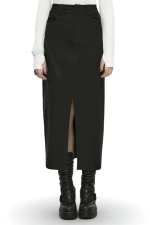 Black V-cut front slit gothic A-line midi skirt worn by female model in studio setting, showcasing dramatic front-facing silhouette and tailored design