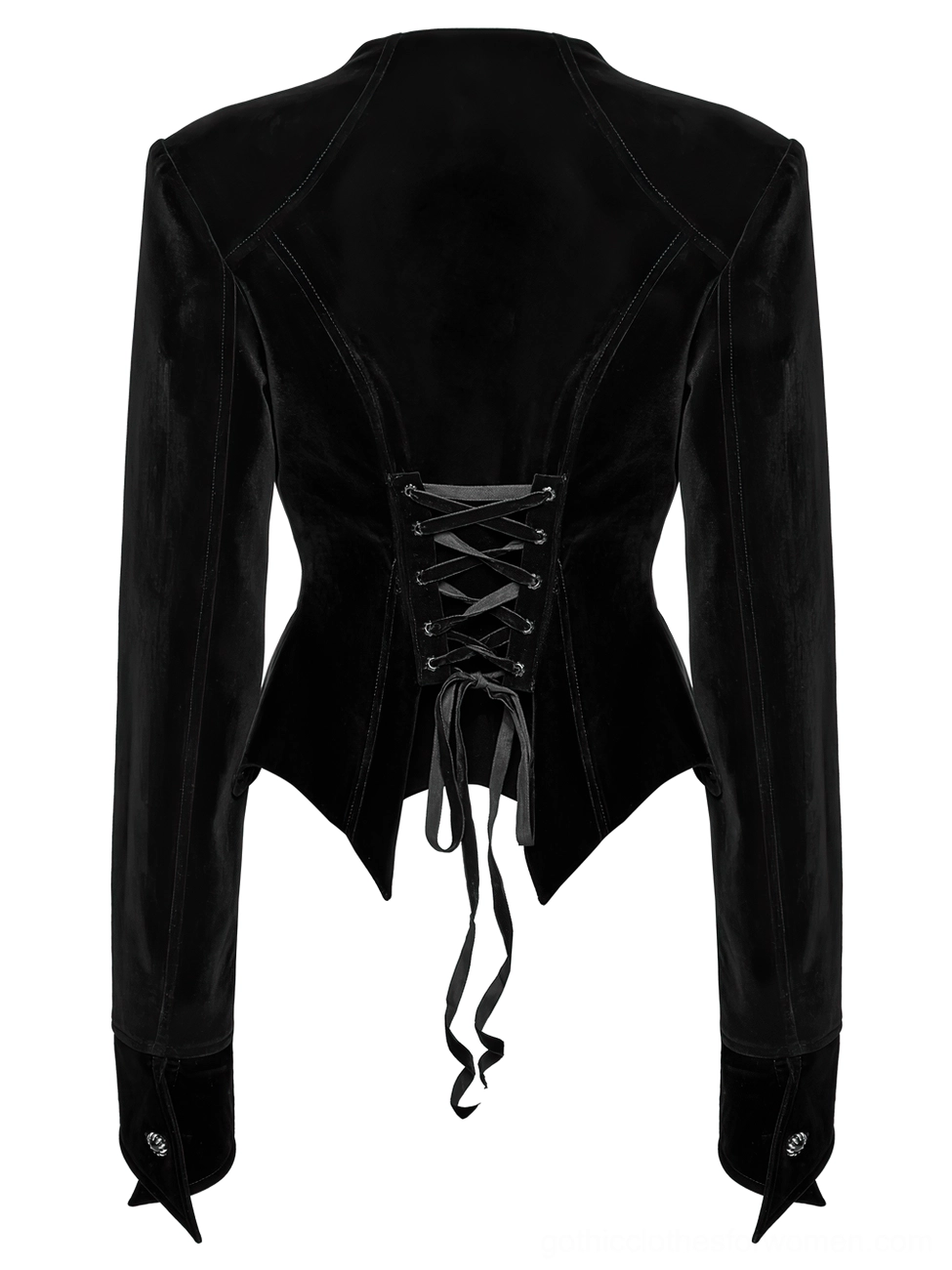Black velvet gothic jacket back flat view showing corset lace-up design detail