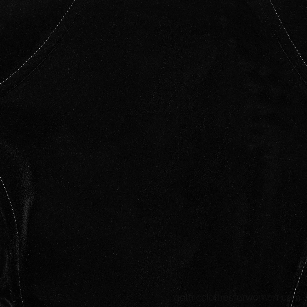 Black velvet bat wing gothic jacket full-body front view on model with dramatic draping