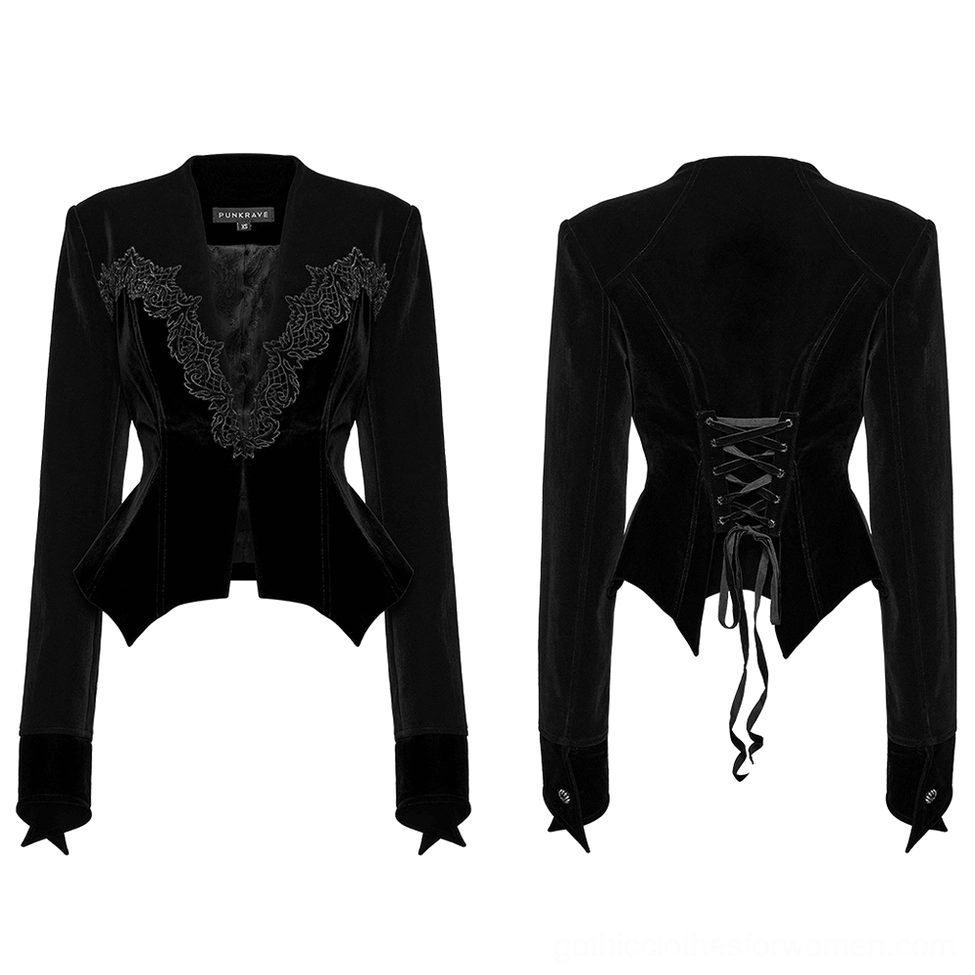 Black velvet bat wing jacket front and back flat lay display on white background