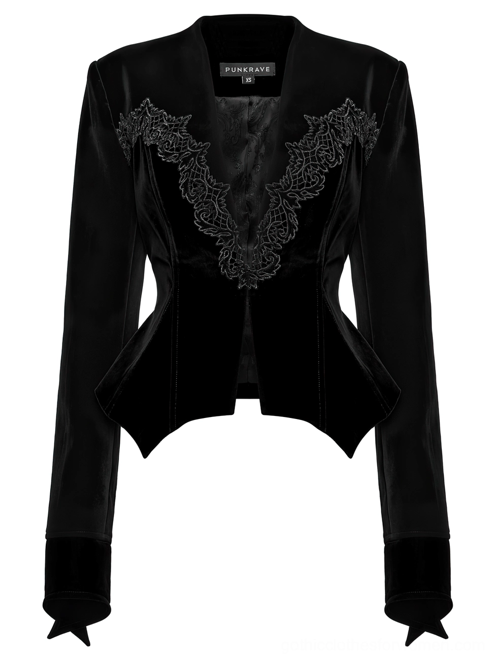 Black velvet gothic jacket front flat view showing V-neck lace trim and pointed bat hem