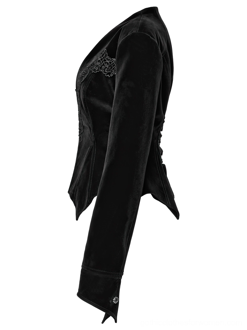 Black velvet bat wing jacket side view showing fitted waist and tailored silhouette
