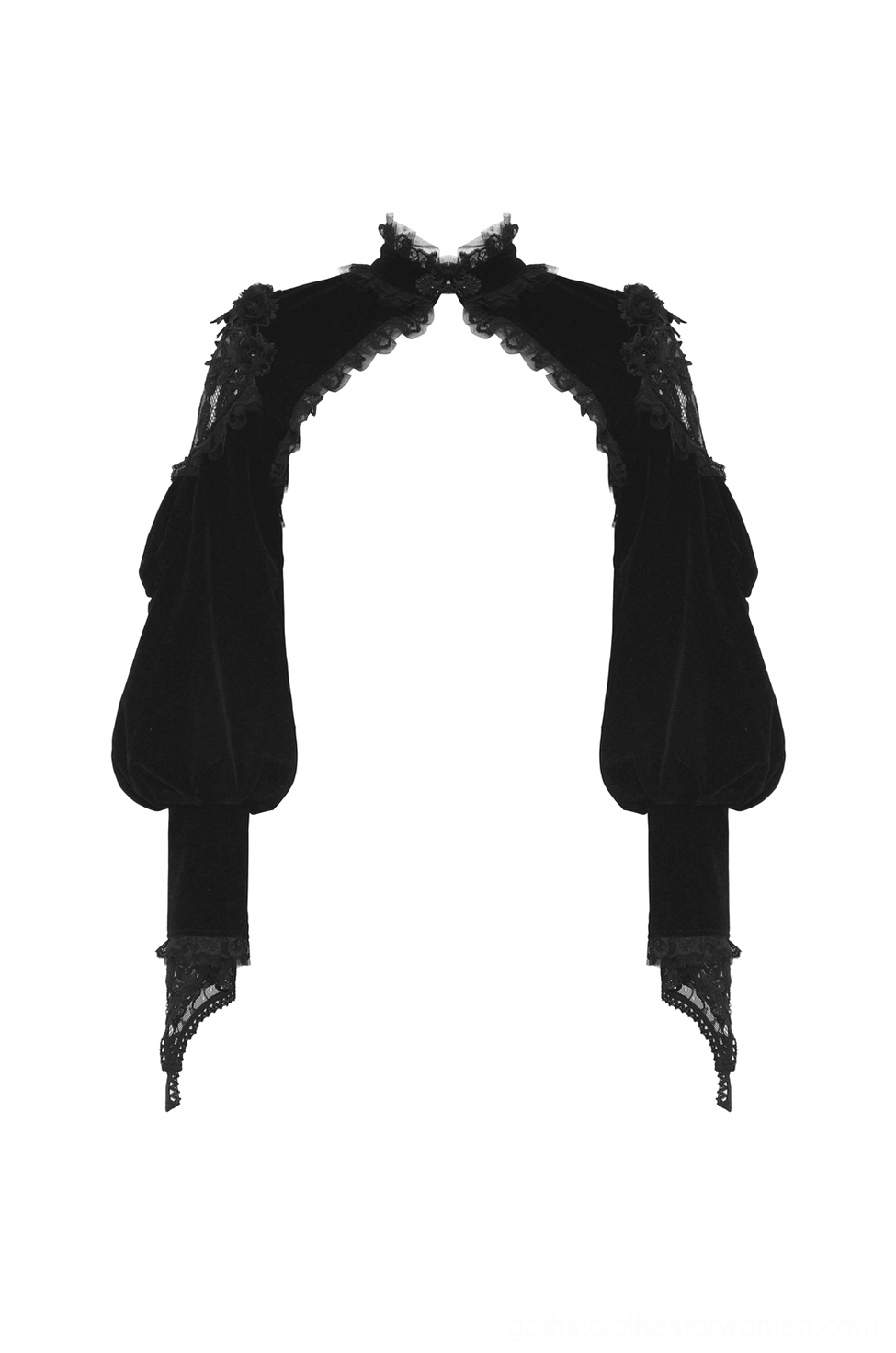 Black velvet gothic bolero front flat lay showing puff sleeves and lace-trimmed cuffs on white background
