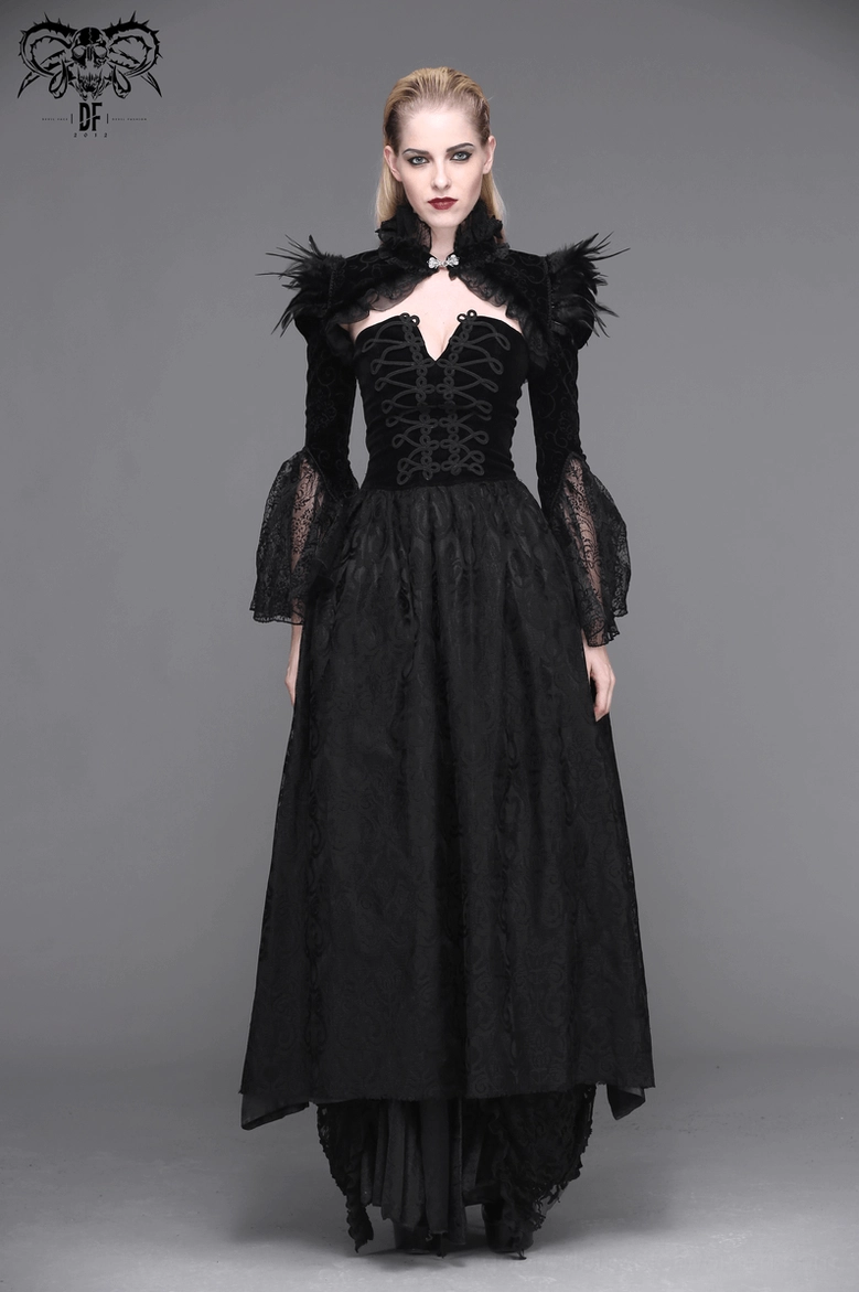 Black velvet gothic bolero lace sleeve detail with feathered shoulder on model