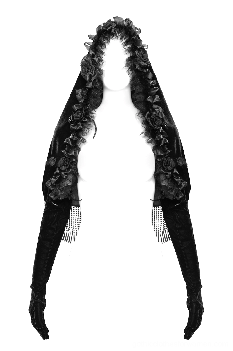 Gothic velvet hooded cape with floral ruffled trim and matching black gloves, front view on mannequin with beaded fringe detail