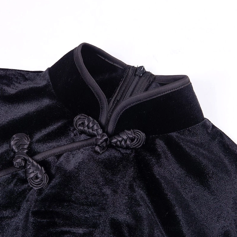 Black velvet cheongsam dress front view on clear mannequin with minimal styling