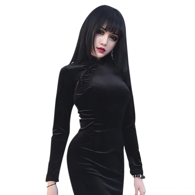 Black velvet cheongsam dress on model with gothic styling and straight hair