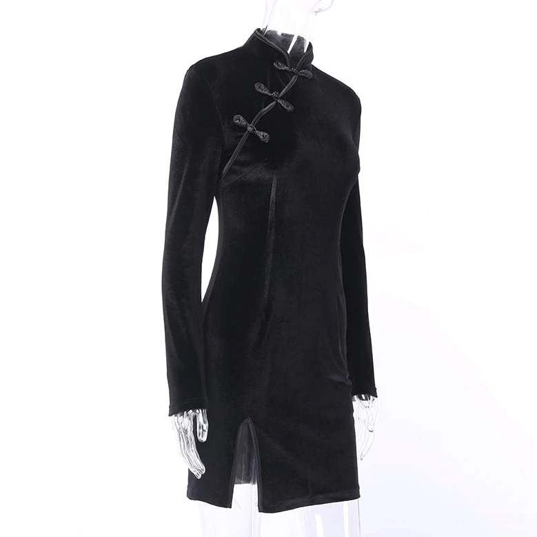 Black velvet cheongsam dress three-quarter view on mannequin with stand collar detail