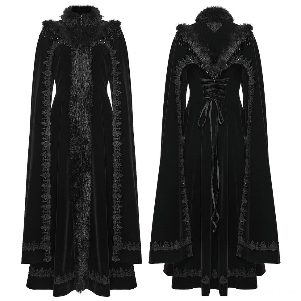 Black velvet gothic cloak coat flat lay front view with embroidered lace trims and stand collar