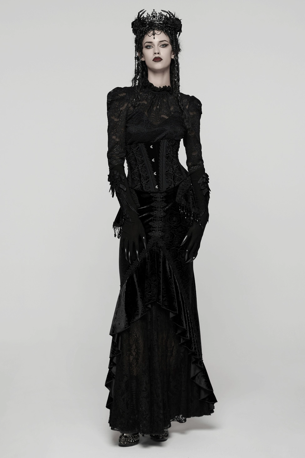 Black velvet gothic corset with intricate rose lace embroidery, perfect for dark romantic and alternative fashion styling