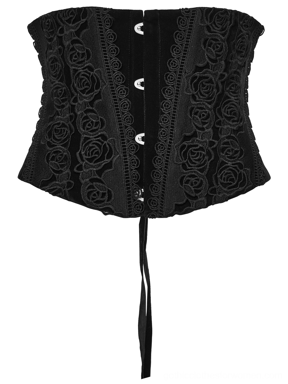 Black velvet gothic corset front flat lay with rose embroidered side panels, front hook fasteners, and decorative tail strap