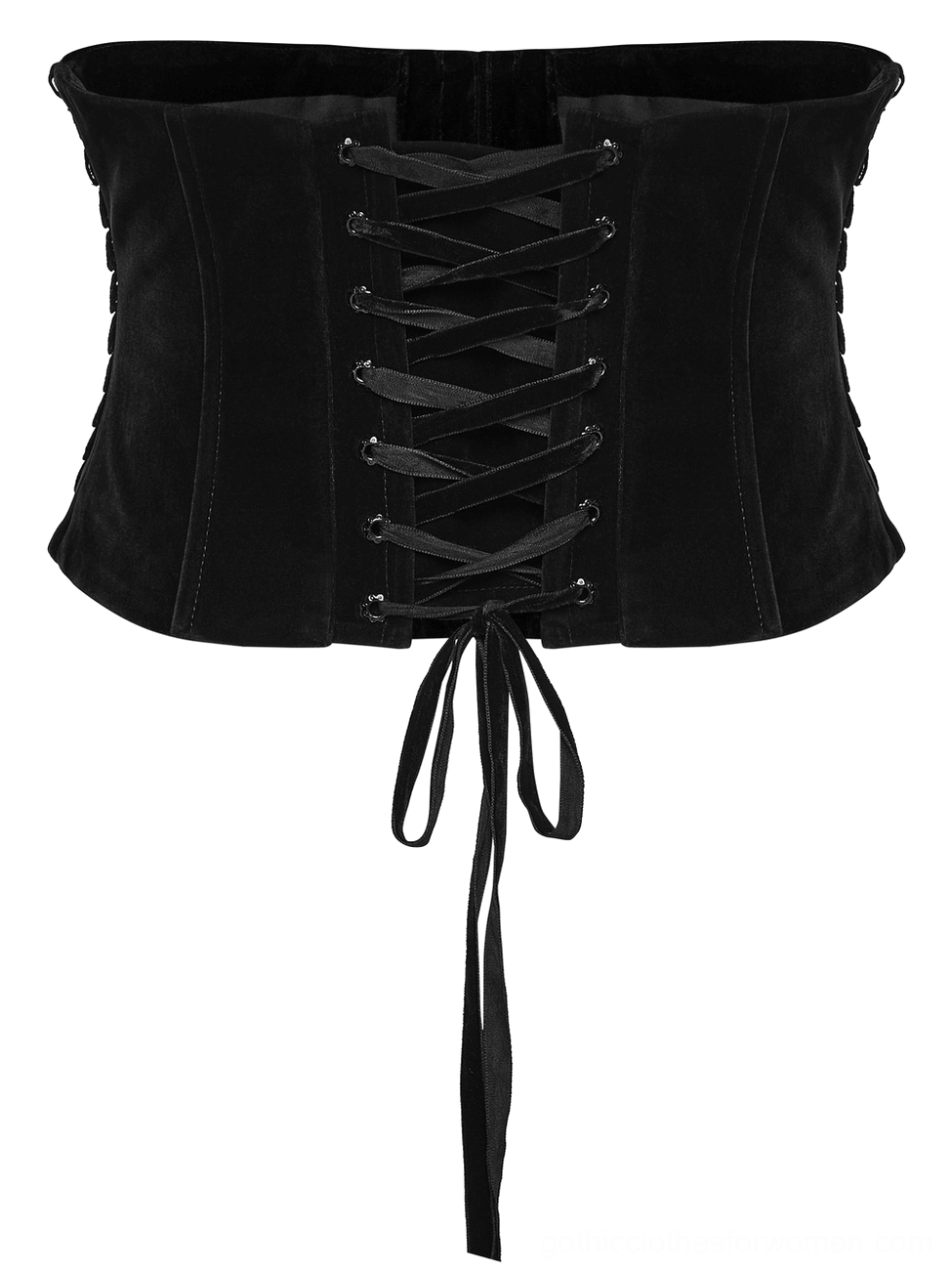 Black velvet gothic corset front flat lay showing streamlined silhouette, back lace-up design, and structured boning