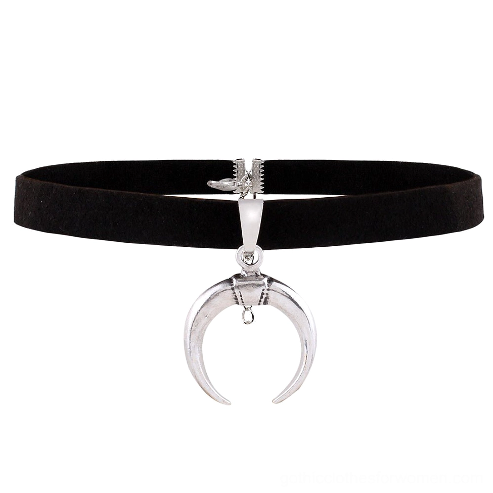 Black velvet gothic choker with crescent moon pendant displayed on flat white background showing full product design
