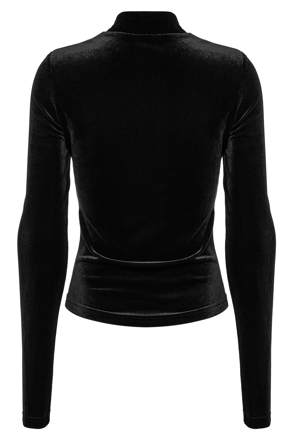 Black velvet stand collar top back flat lay displaying clean tailored back design