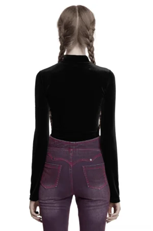 Black velvet stand collar top back view on model with double braids, tailored gothic silhouette
