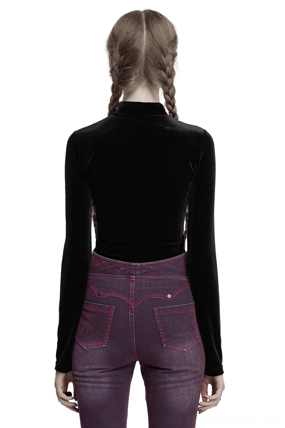 Black velvet stand collar top back view on model with double braids, tailored gothic silhouette