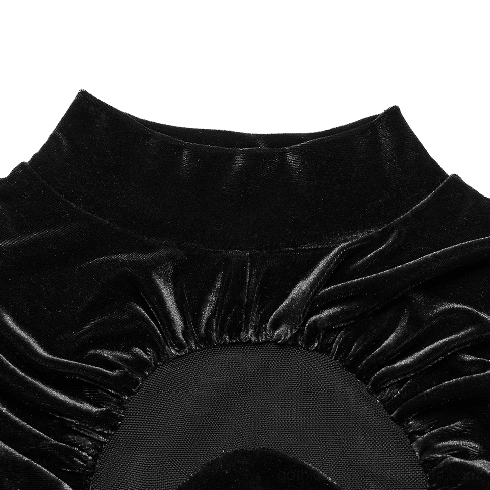 Black velvet stand-up collar close-up detail shot showing texture and neckline structure