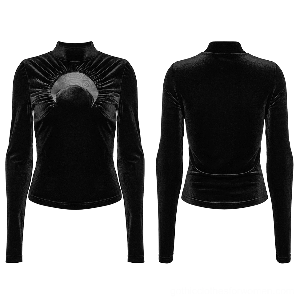 Black velvet gothic top front and back flat lay display showing stand collar and crescent cutout design