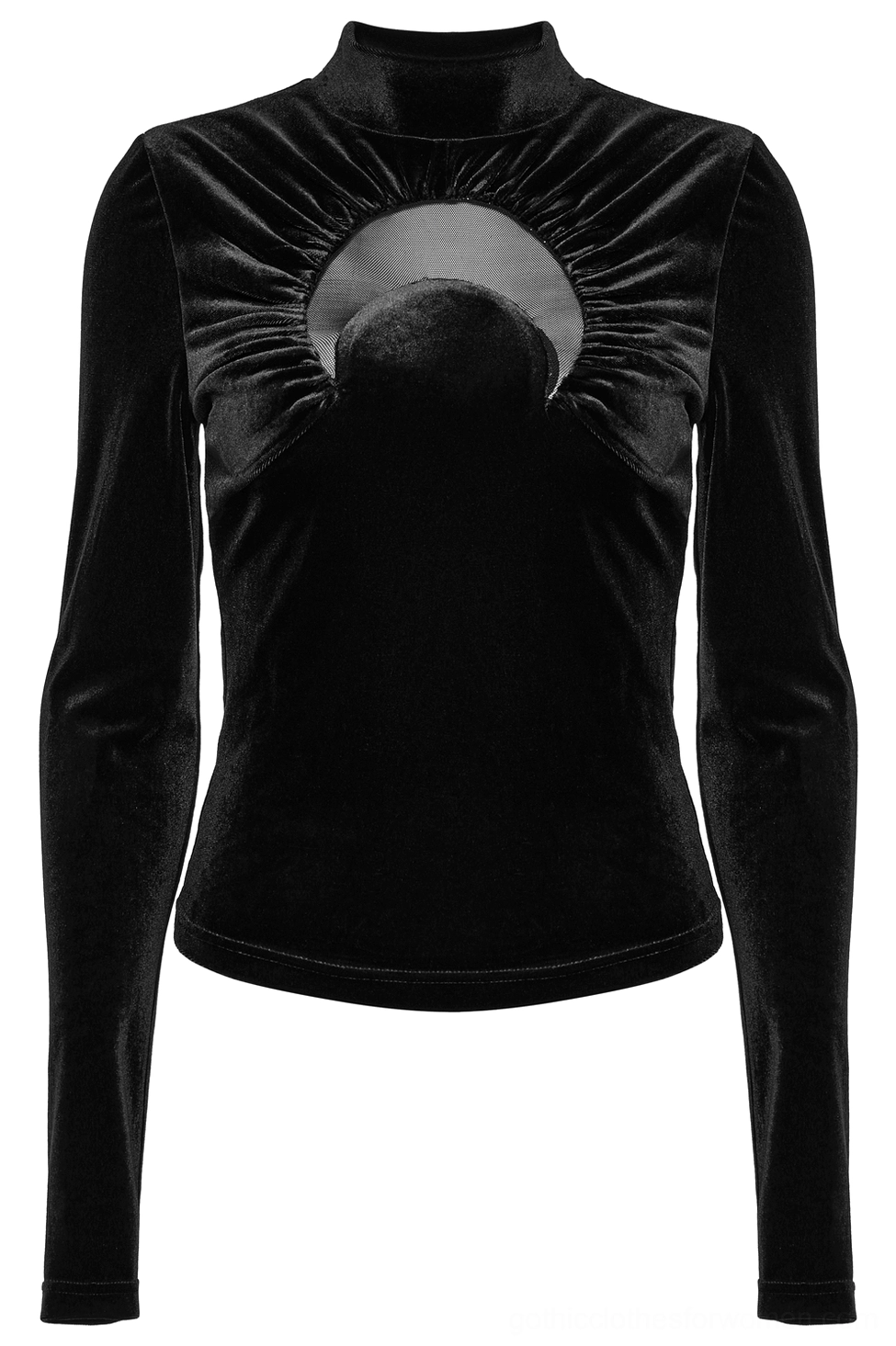 Black velvet crescent cutout top front flat product shot showcasing ruched mesh trim detail