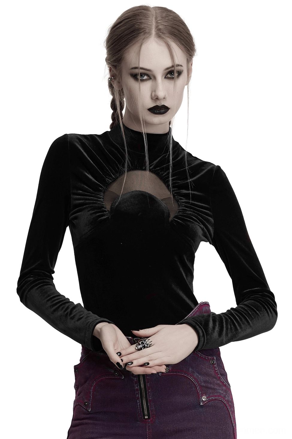 Black velvet gothic top with stand collar and crescent cutout detail, front view on model with contrast stitching