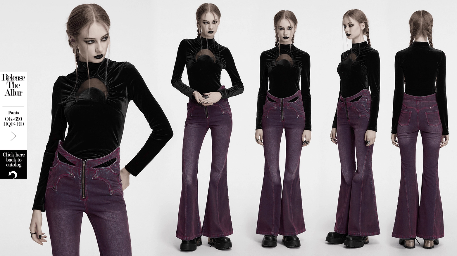 Black velvet gothic top full-length view showcasing crescent cutout and elegant velvet drape