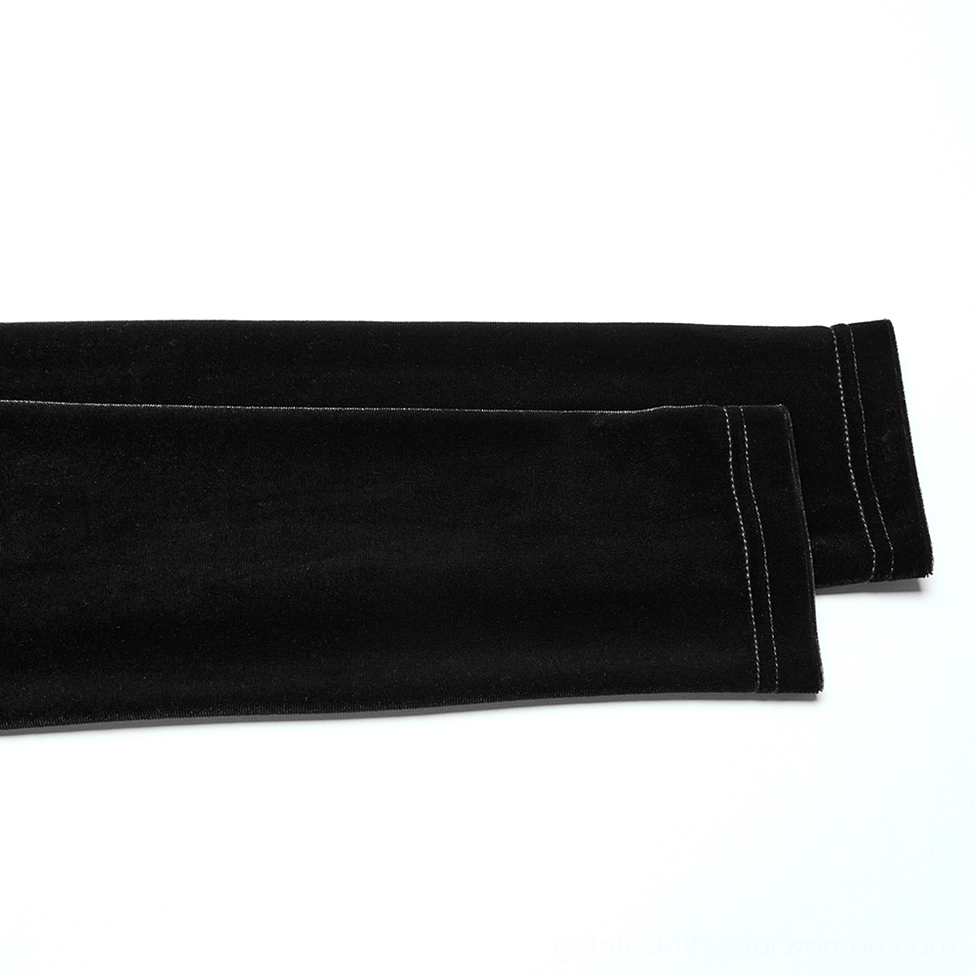 Black velvet gothic top full product view featuring crescent cutout and stand collar design