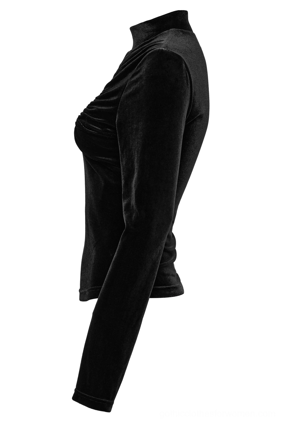 Black velvet gothic top side profile view showing long sleeve fit and slim silhouette