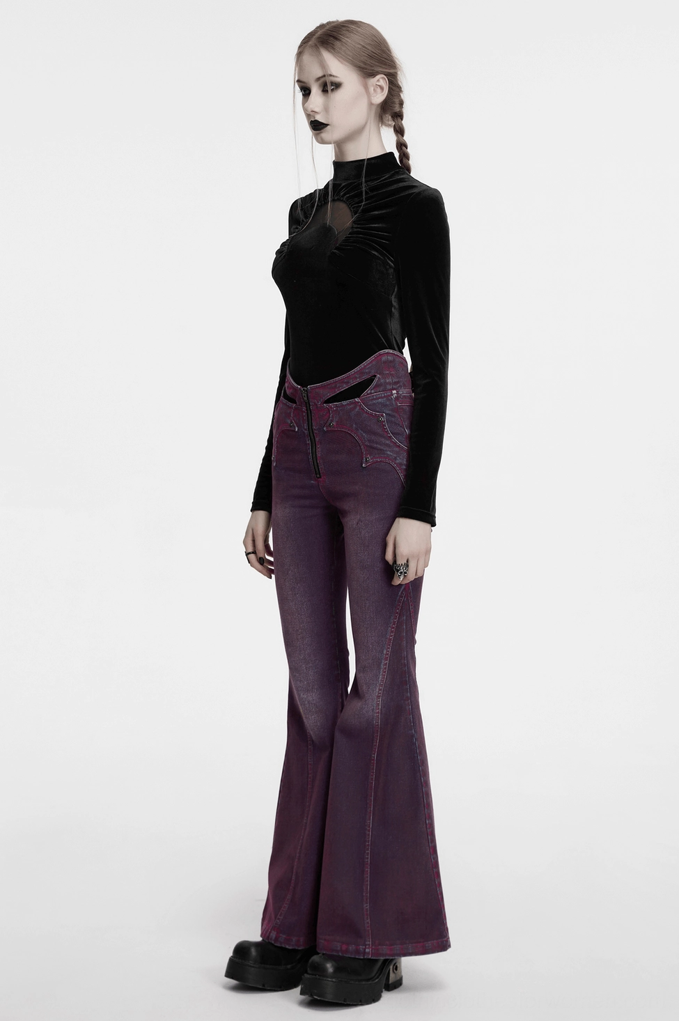 Black velvet stand collar gothic top sleeve and shoulder detail shot showing tailored fit