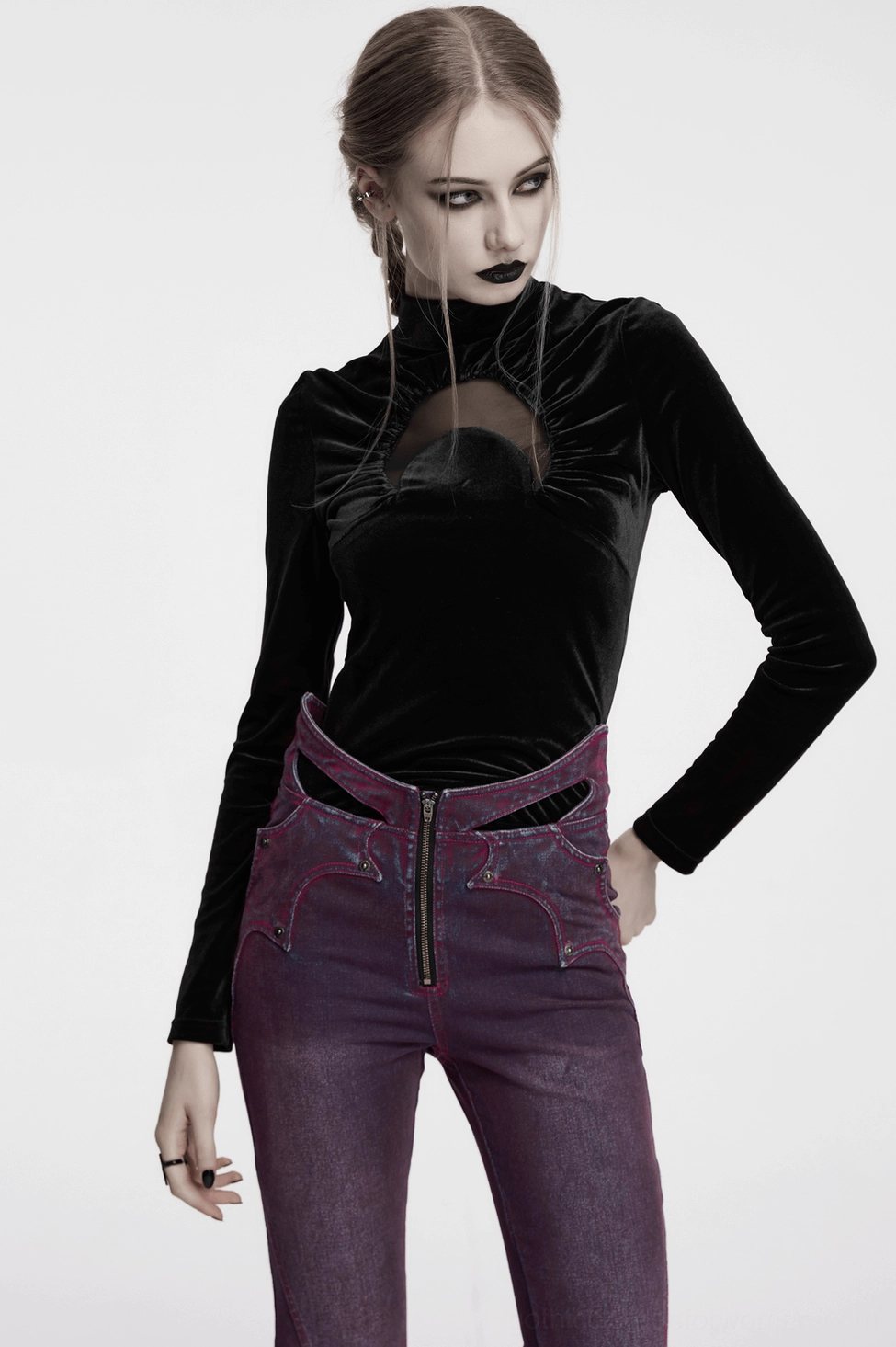 Black velvet crescent cutout gothic top alternative styling view with stand collar emphasis