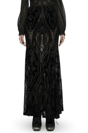 Black velvet damask flocked mesh gothic maxi skirt front view on model, full-body shot showcasing floor-length silhouette and intricate baroque patterns