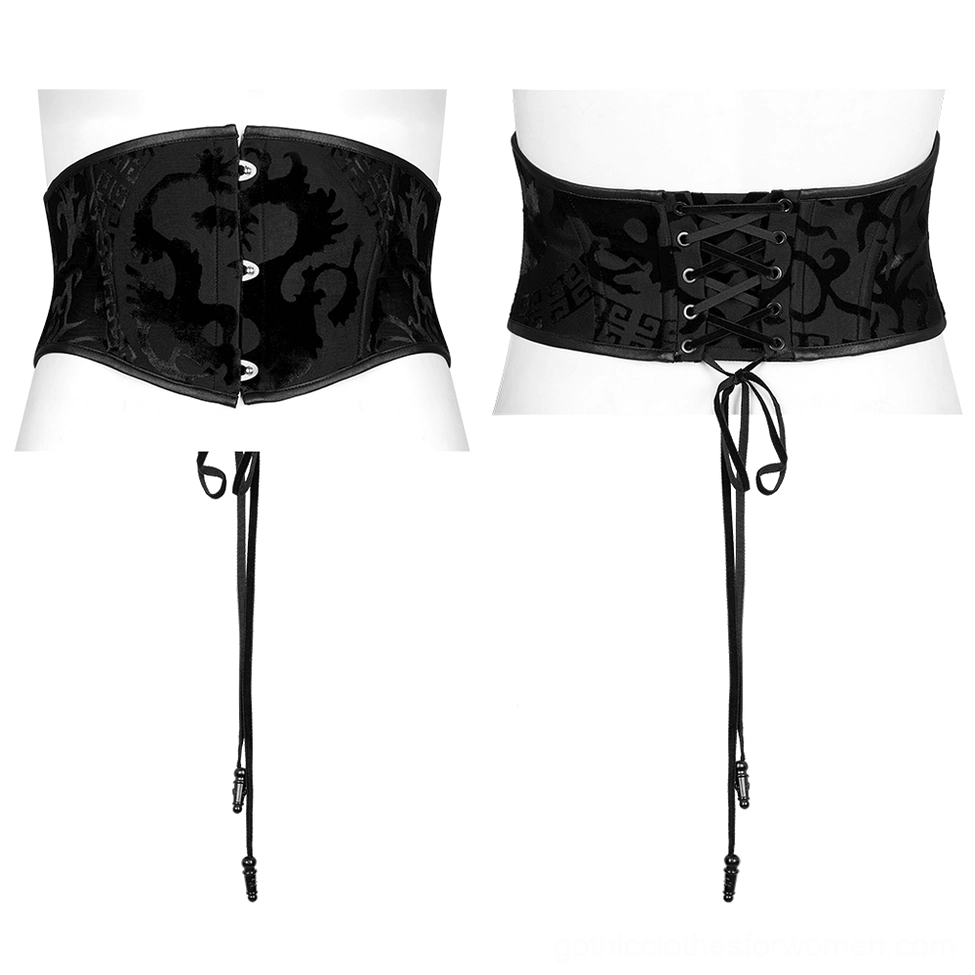Black velvet dragon corset belt flat lay front, displaying intricate tonal dragon pattern, snap button details, and leather edge binding