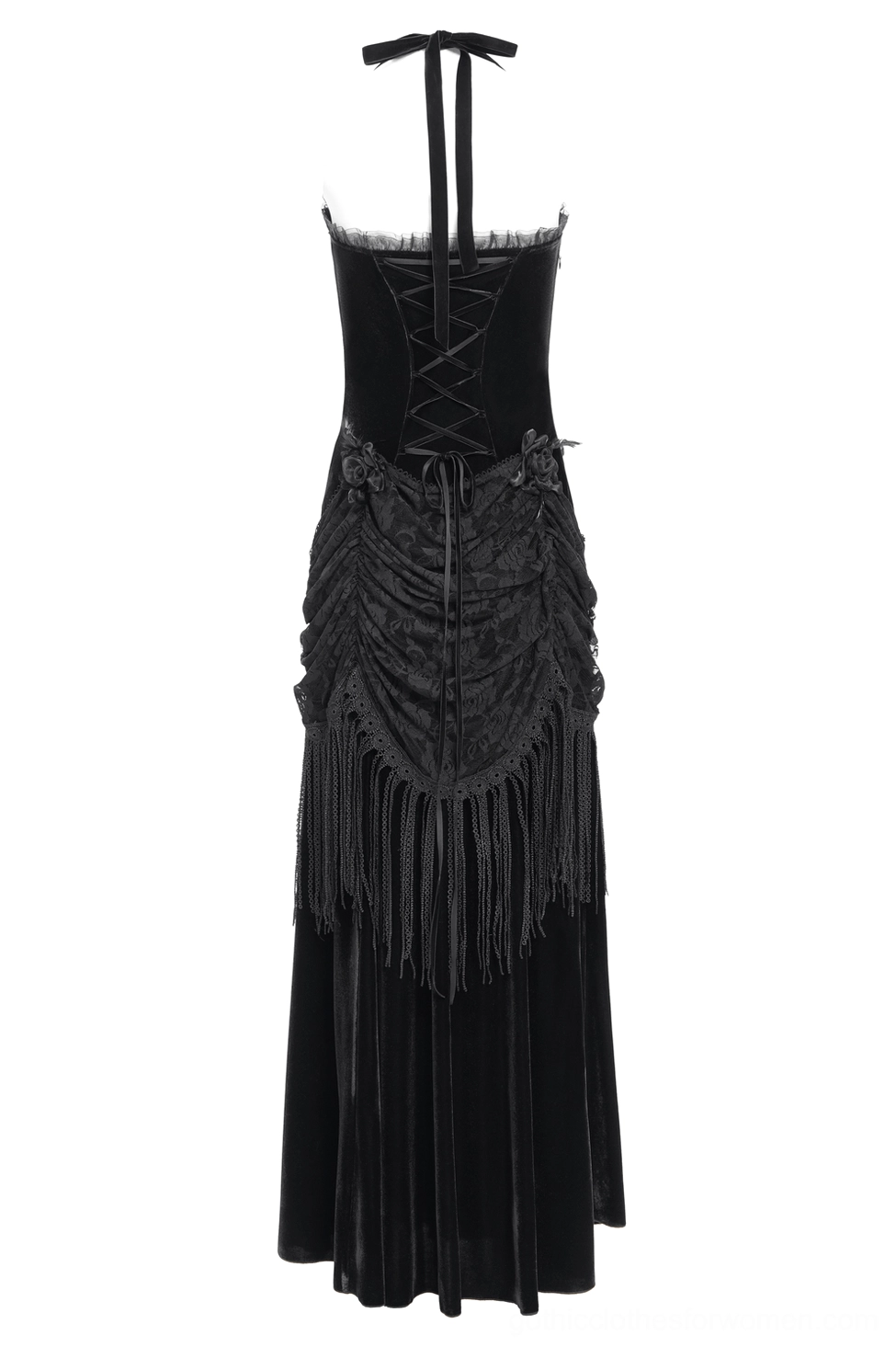 Rear view of black velvet gothic halter dress with corset lace-up back and fringe skirt