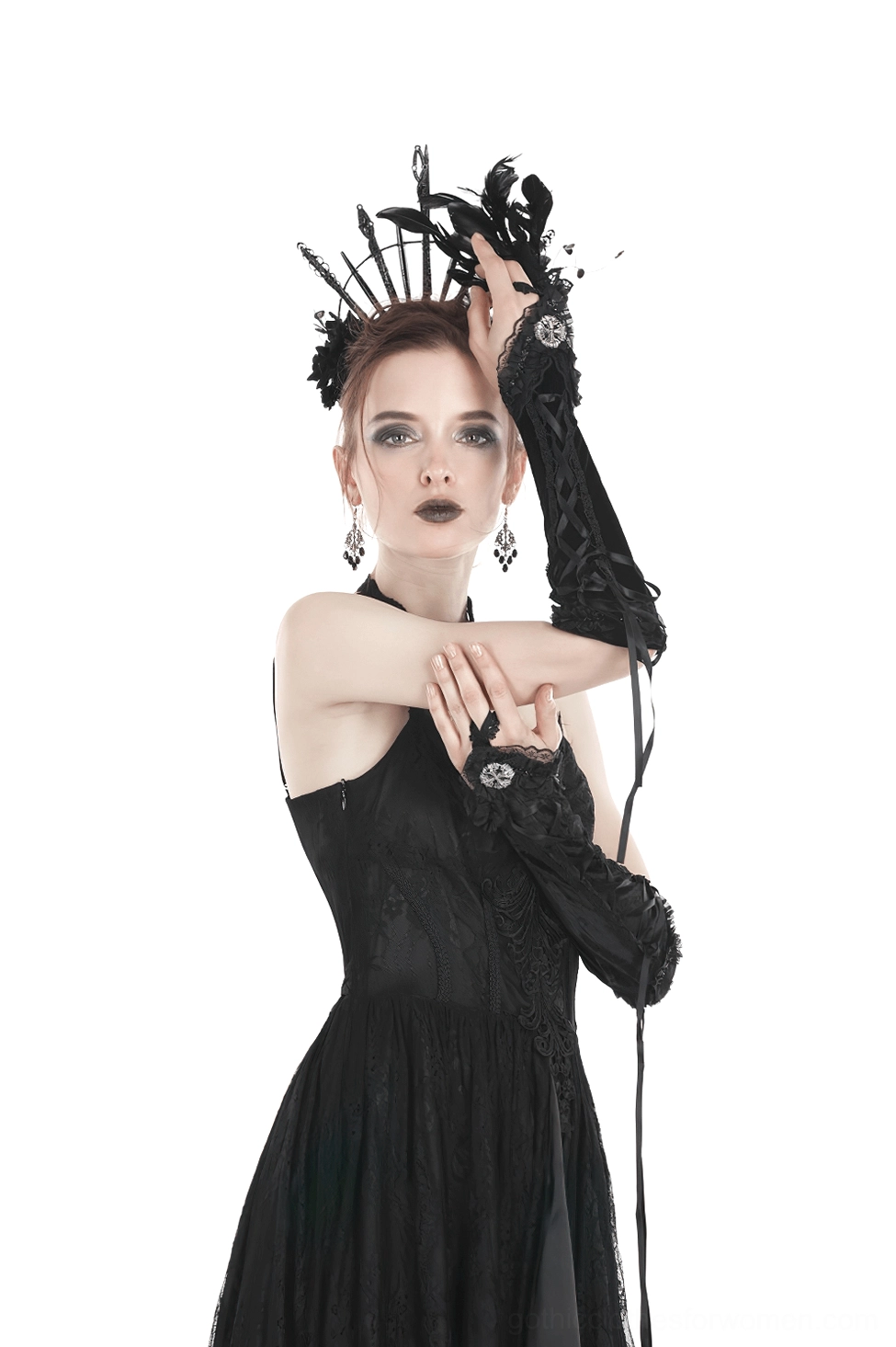 Full-length black velvet fingerless gloves with cross lace-up design and ornamental cuff details, gothic fashion statement piece