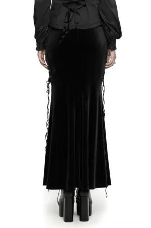 Black velvet fishtail maxi skirt back view showing hidden zipper and side lace-up details
