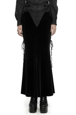 Black velvet fishtail gothic maxi skirt with 3D rose buckle detail, front view on model