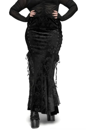 Black velvet lace-up fishtail skirt rear view with damask embossing on model