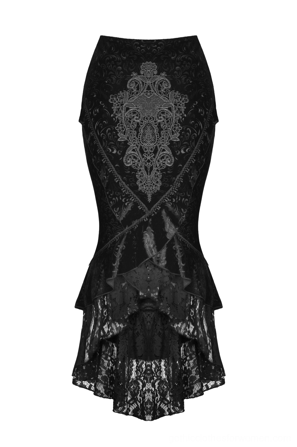Single black velvet fishtail skirt flat lay front view showing vintage embroidered pattern and asymmetrical lace hem