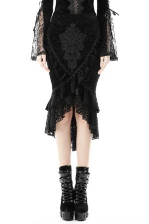 Black velvet fishtail gothic skirt with lace overlay front view on model, showing high-low hem and baroque lace details