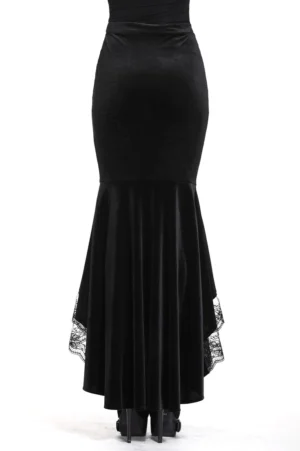 Black velvet gothic fishtail maxi skirt side rear angle displaying solid velvet construction and delicate lace trim