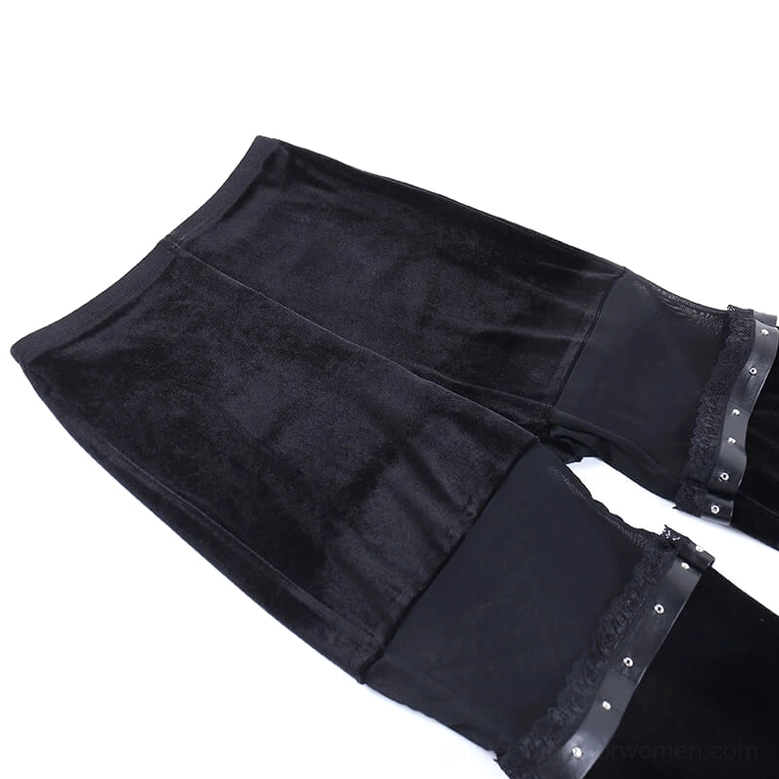 Close-up flat lay detail shot highlighting velvet fabric texture, mesh inserts and studded leather strap embellishments