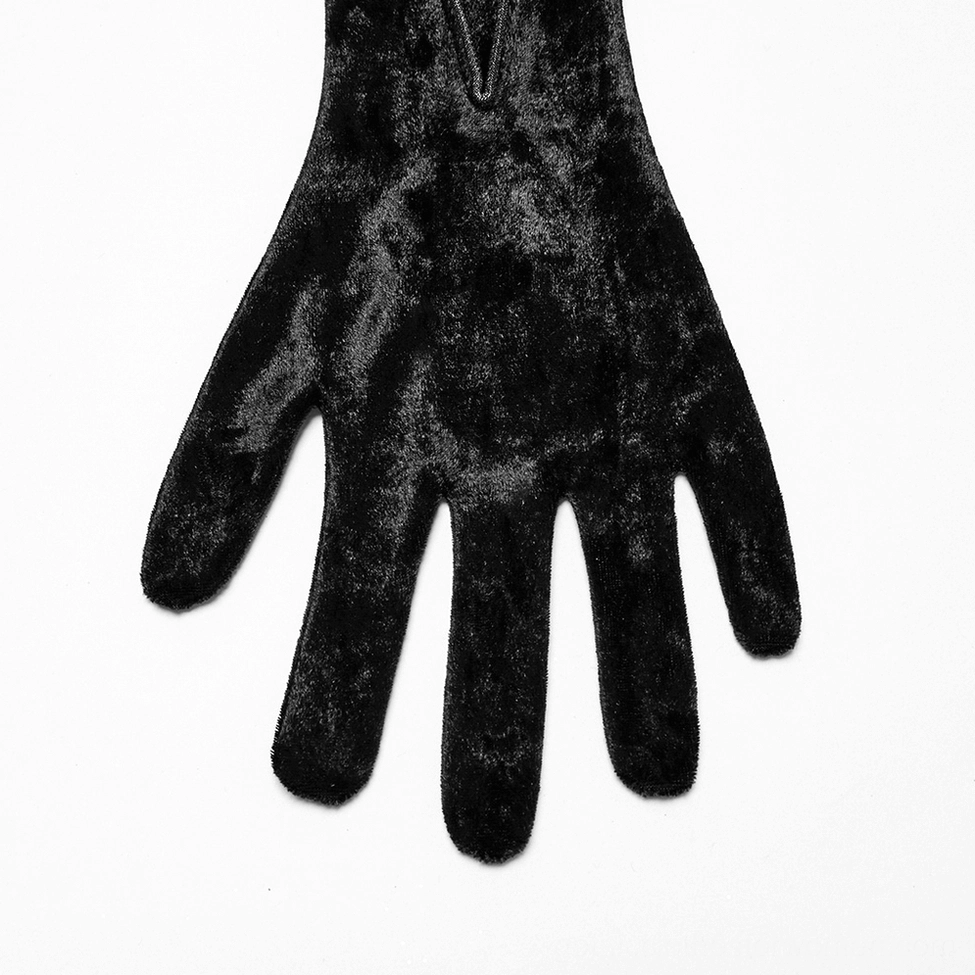 Single black velvet gothic arm glove - front flat view showing complete length and pointed cuff design