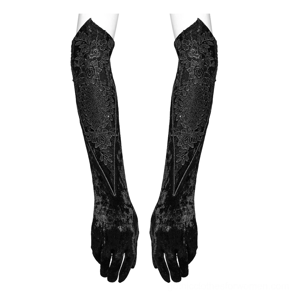 Pair of black velvet embroidered gothic arm gloves - flat lay front view showing floral lace embroidery details