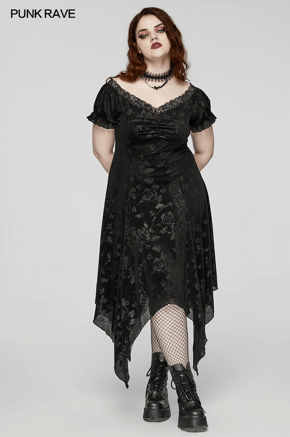Black velvet rose floral gothic asymmetrical dress complete front view showcasing design features and elegant proportions